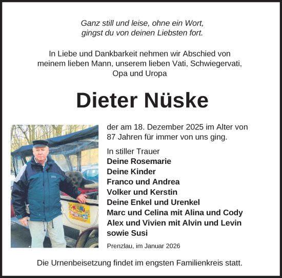Traueranzeige von Dieter Nüske von Uckermark Kurier Prenzlauer Zeitung