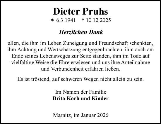 Traueranzeige von Dieter Pruhs von Der Prignitzer, Prignitz Express