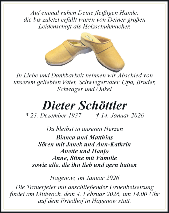 Traueranzeige von Dieter Schöttler von Hagenower Kreisblatt