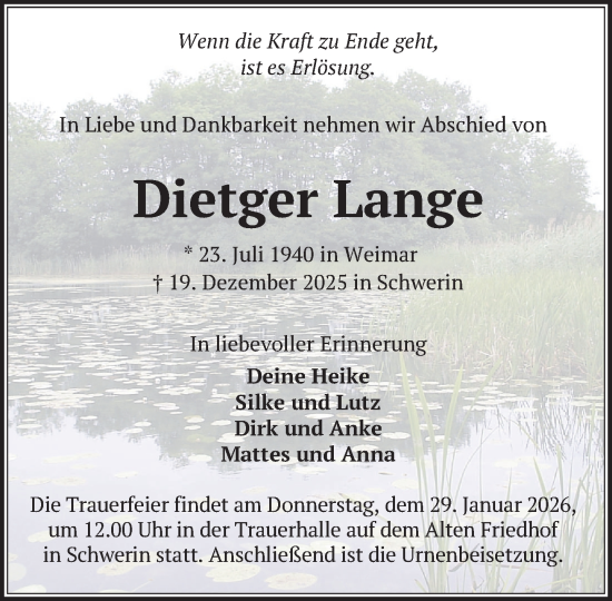 Traueranzeige von Dietger Lange von Zeitung für die Landeshauptstadt