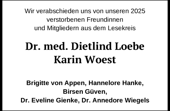 Traueranzeige von Dietlind Loebe von Zeitung für die Landeshauptstadt