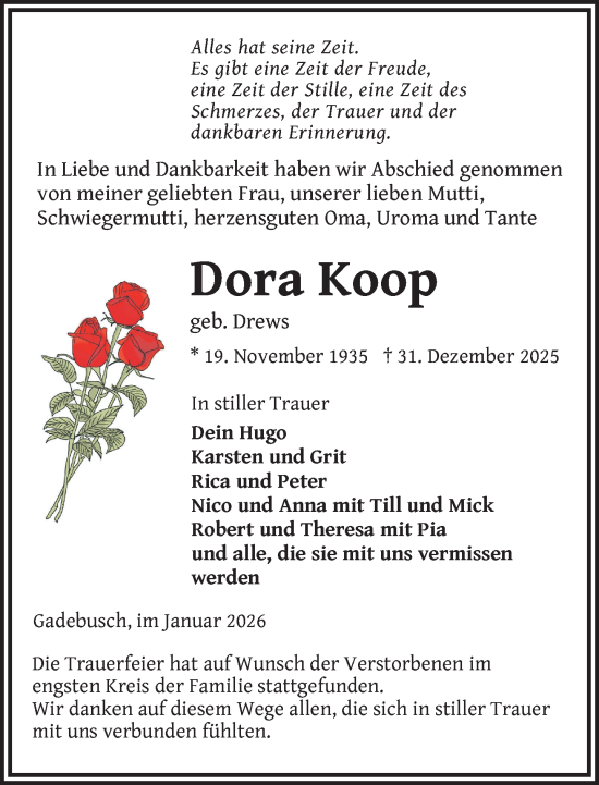 Traueranzeige von Dora Koop von Gadebusch - Rehnaer Zeitung