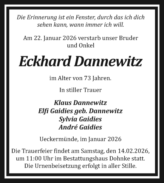 Traueranzeige von Eckhard Dannewitz von Nordkurier Haff-Zeitung, Nordkurier Grosso