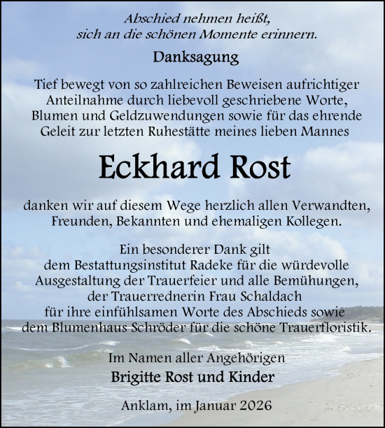 Traueranzeige von Eckhard Rost von Nordkurier Vorpommern Kurier