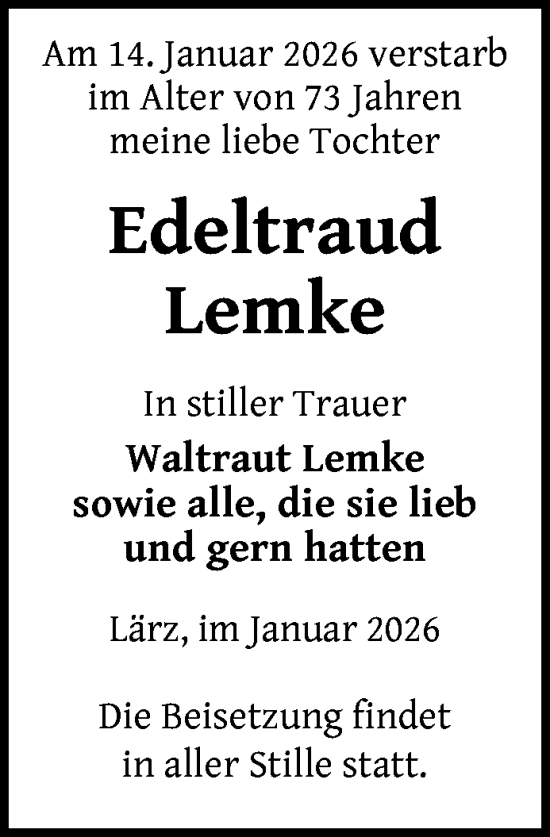 Traueranzeige von Edeltraud Lemke von Nordkurier Strelitzer Zeitung