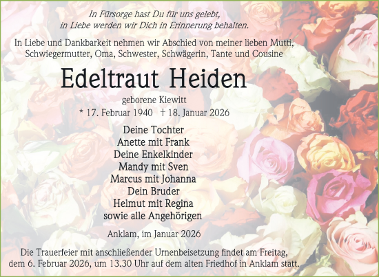 Traueranzeige von Edeltraut Heiden von Nordkurier Vorpommern Kurier