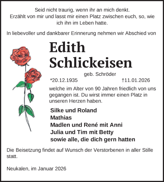 Traueranzeige von Edith Schlickeisen von Nordkurier Mecklenburger Schweiz