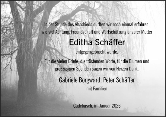 Traueranzeige von Editha Schäffer von Gadebusch - Rehnaer Zeitung