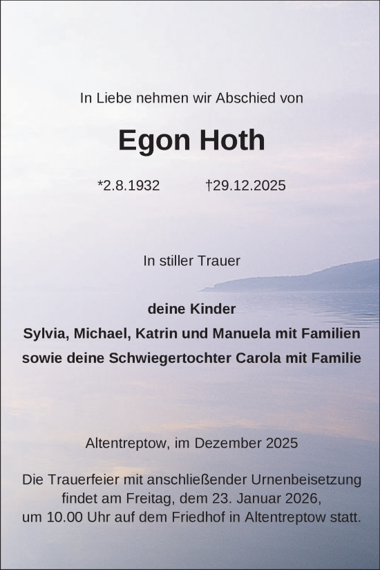 Traueranzeige von Egon Hoth von Nordkurier Neubrandenburger Zeitung
