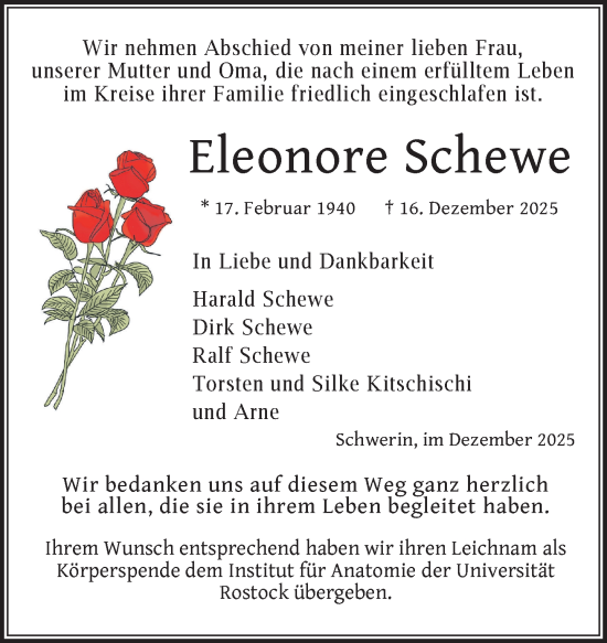 Traueranzeige von Eleonore Schewe von Zeitung für die Landeshauptstadt