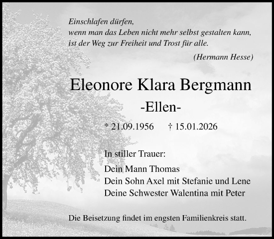Traueranzeige von Eleonore Klara Bergmann von Norddeutsche Neueste Nachrichten