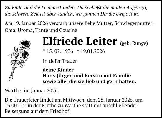Traueranzeige von Elfriede Leiter von Uckermark Kurier Templiner Zeitung