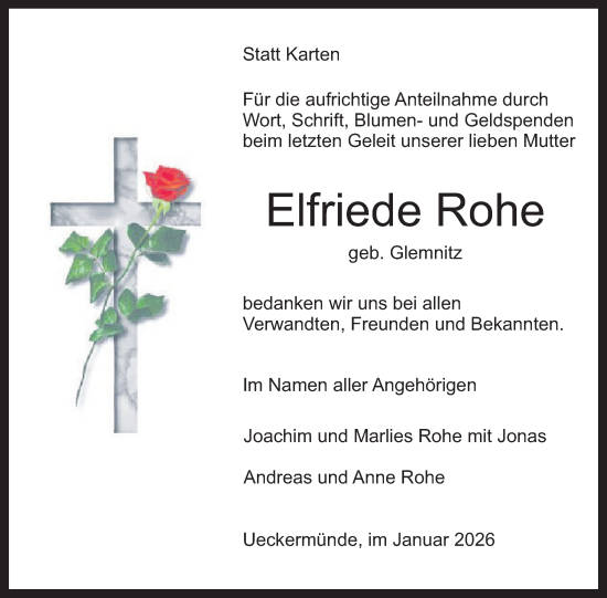 Traueranzeige von Elfriede Rohe von Nordkurier Haff-Zeitung, Nordkurier Grosso