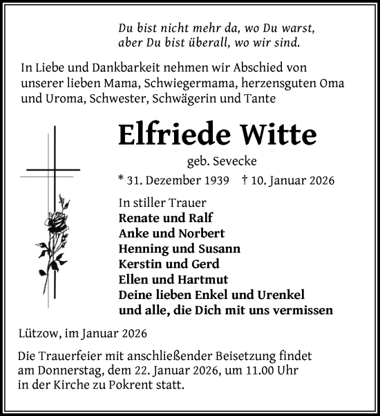 Traueranzeige von Elfriede Witte von Gadebusch - Rehnaer Zeitung