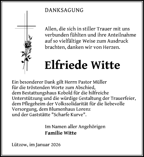 Traueranzeige von Elfriede Witte von Gadebusch - Rehnaer Zeitung