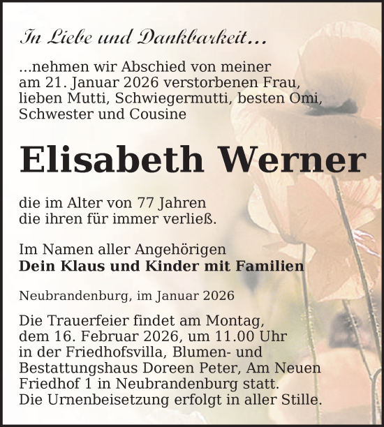Traueranzeige von Elisabeth Werner von Nordkurier Neubrandenburger Zeitung