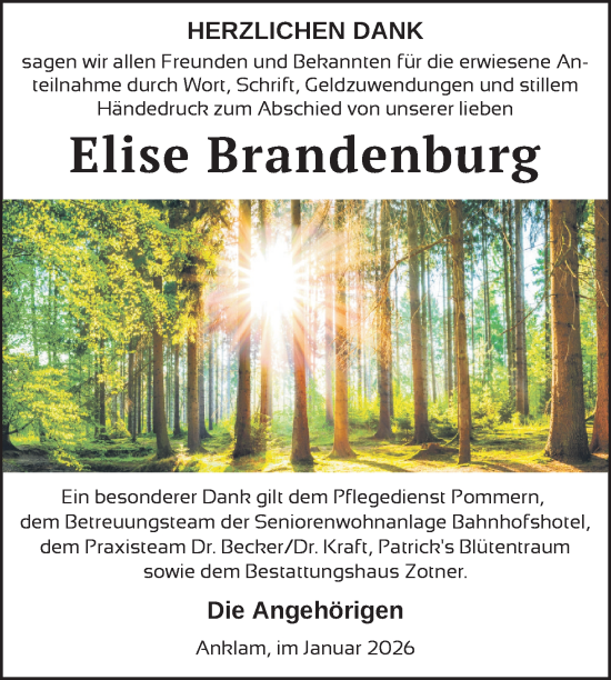 Traueranzeige von Elise Brandenburg von Nordkurier Vorpommern Kurier