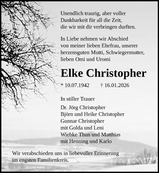 Traueranzeige von Elke Christopher von Norddeutsche Neueste Nachrichten
