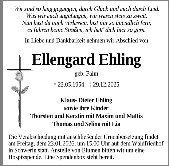 Traueranzeige von Ellengard Ehling von Zeitung für die Landeshauptstadt