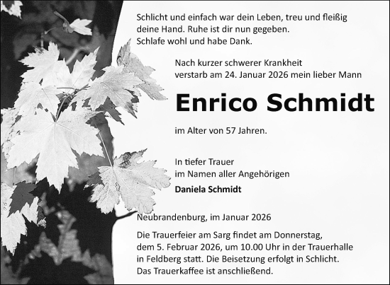 Traueranzeige von Enrico Schmidt von Nordkurier Neubrandenburger Zeitung, Nordkurier Strelitzer Zeitung, Nordkurier Grosso