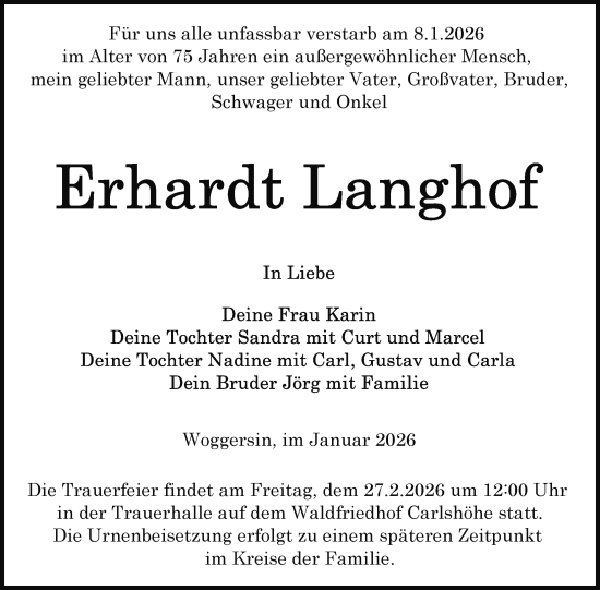 Traueranzeige von Erhardt Langhof von Nordkurier Neubrandenburger Zeitung
