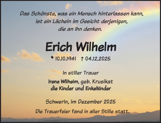Traueranzeige von Erich Wilhelm von Zeitung für die Landeshauptstadt