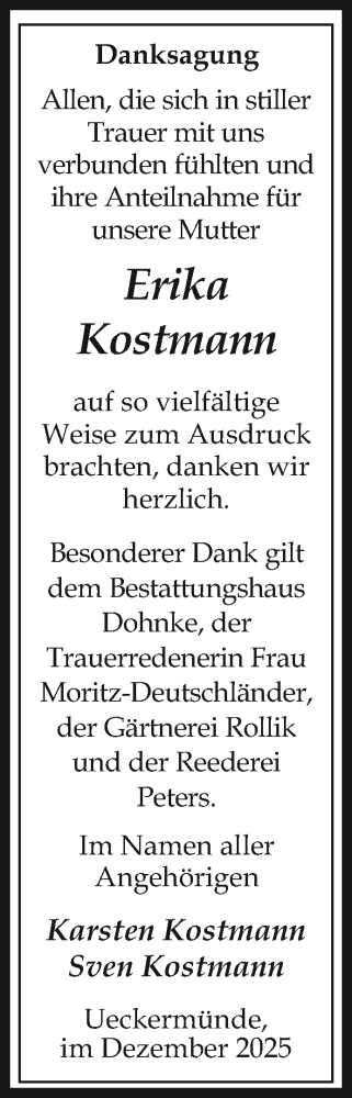 Traueranzeige von Erika Kostmann von Nordkurier Haff-Zeitung