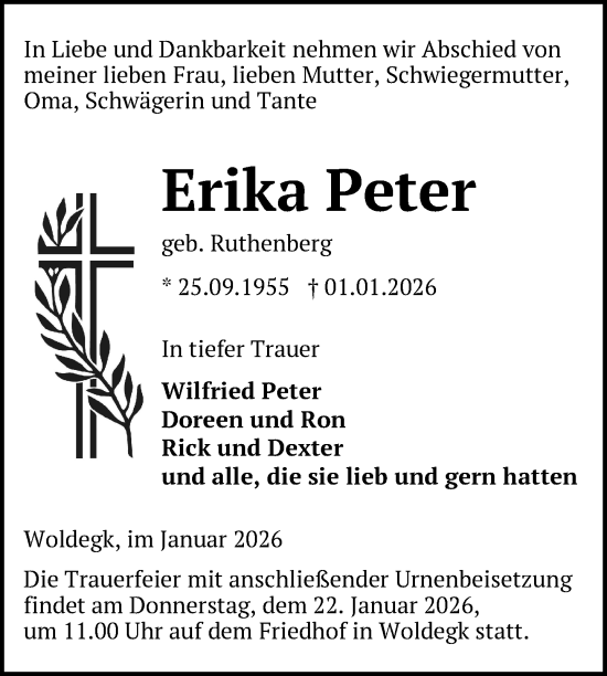 Traueranzeige von Erika Peter von Nordkurier Strelitzer Zeitung