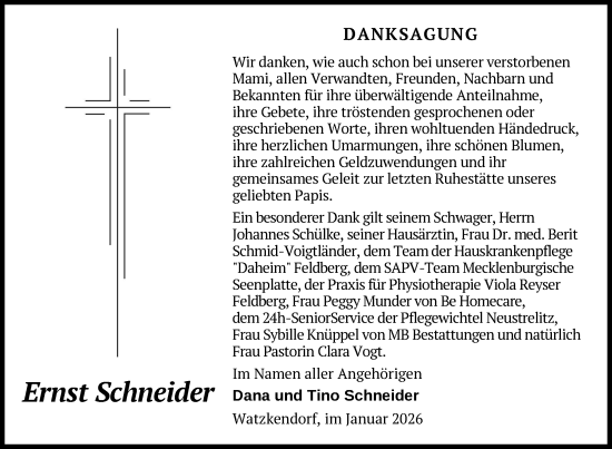 Traueranzeige von Ernst Schneider von Nordkurier Strelitzer Zeitung