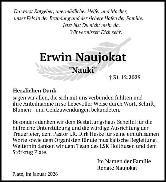 Traueranzeige von Erwin Naujokat von Zeitung für die Landeshauptstadt