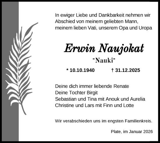 Traueranzeige von Erwin Naujokat von Zeitung für die Landeshauptstadt