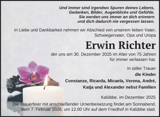 Traueranzeige von Erwin Richter von Nordkurier Neubrandenburger Zeitung