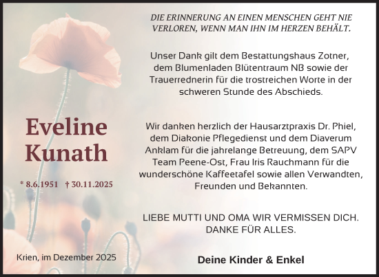 Traueranzeige von Eveline Kunath von Nordkurier Vorpommern Kurier