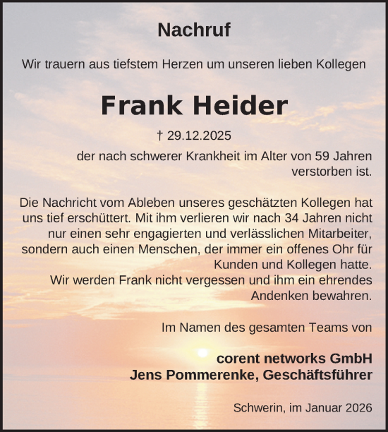 Traueranzeige von Frank Heider von Zeitung für die Landeshauptstadt