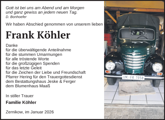 Traueranzeige von Frank Köhler von Uckermark Kurier Prenzlauer Zeitung