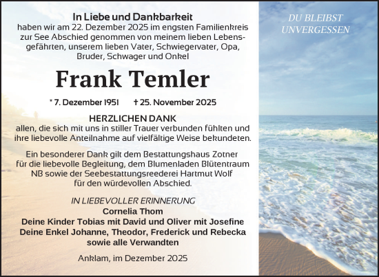 Traueranzeige von Frank Temler von Nordkurier Vorpommern Kurier