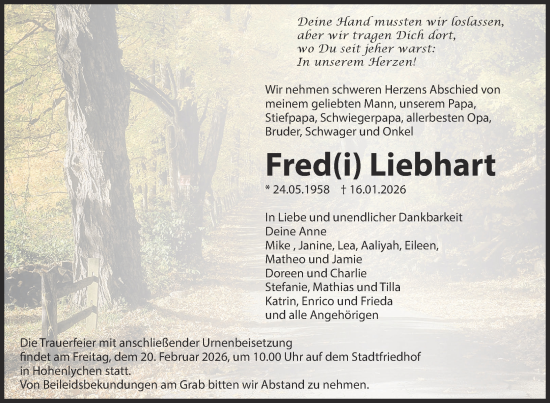 Traueranzeige von Fred Liebhart von Uckermark Kurier Templiner Zeitung