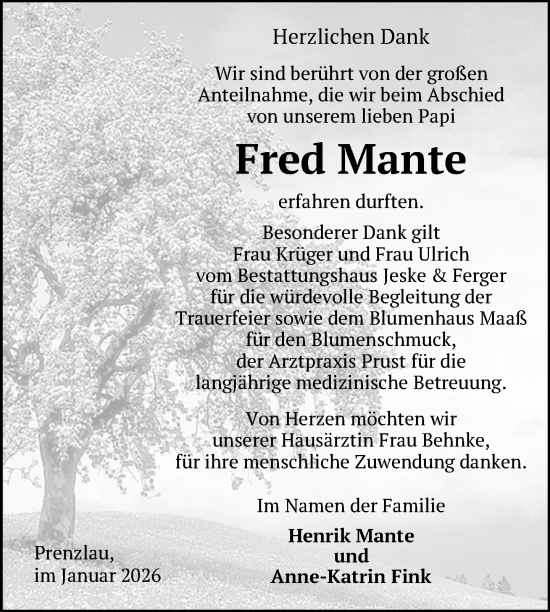 Traueranzeige von Fred Mante von Uckermark Kurier Prenzlauer Zeitung