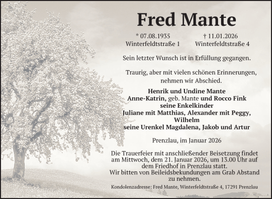 Traueranzeige von Fred Mante von Uckermark Kurier Prenzlauer Zeitung