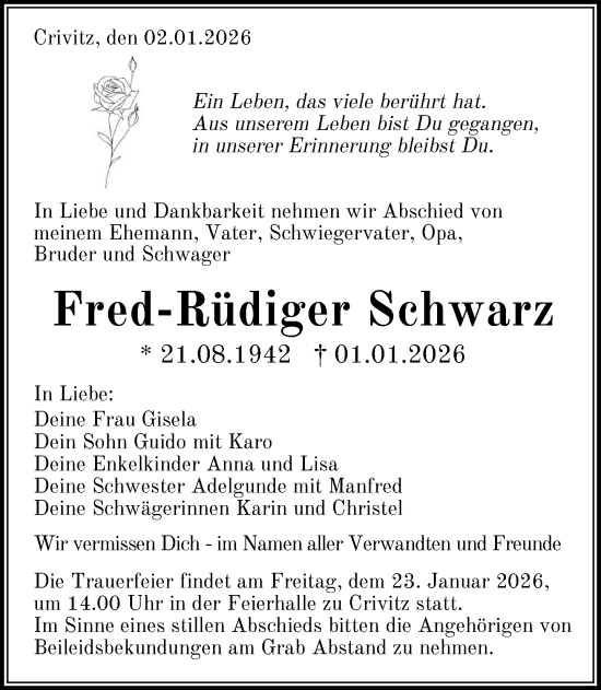 Traueranzeige von Fred-Rüdiger Schwarz von Zeitung für die Landeshauptstadt
