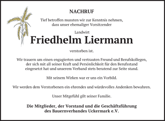 Traueranzeige von Friedhelm Liermann von Uckermark Kurier Prenzlauer Zeitung