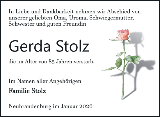 Traueranzeige von Gerda Stolz von Nordkurier Neubrandenburger Zeitung