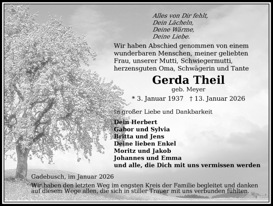 Traueranzeige von Gerda Theil von Gadebusch - Rehnaer Zeitung