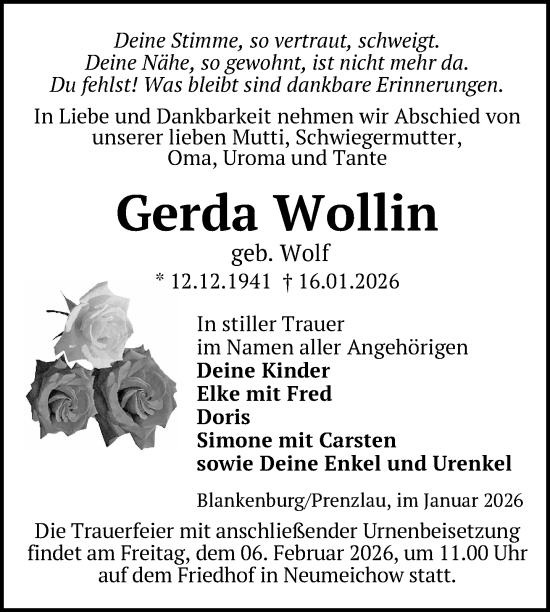 Traueranzeige von Gerda Wollin von Uckermark Kurier Prenzlauer Zeitung