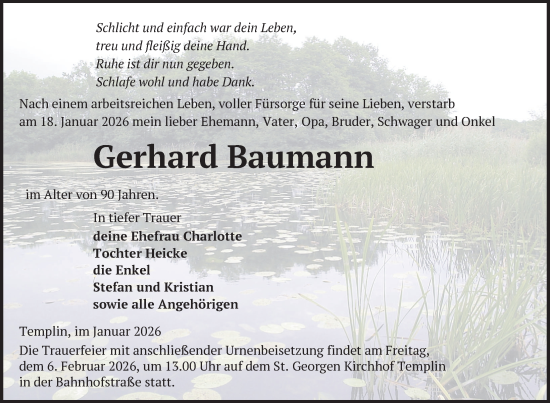 Traueranzeige von Gerhard Baumann von Uckermark Kurier Templiner Zeitung