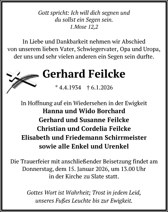 Traueranzeige von Gerhard Feilcke von Parchim und Lübz