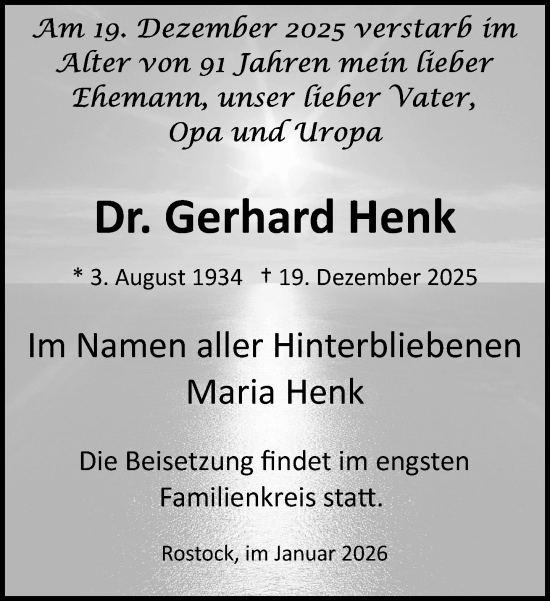 Traueranzeige von Gerhard Henk von Norddeutsche Neueste Nachrichten