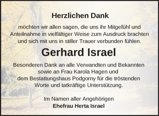 Traueranzeige von Gerhard Israel von Nordkurier Neubrandenburger Zeitung