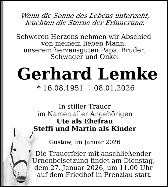 Traueranzeige von Gerhard Lemke von Uckermark Kurier Prenzlauer Zeitung