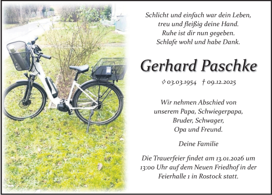 Traueranzeige von Gerhard Paschke von Norddeutsche Neueste Nachrichten